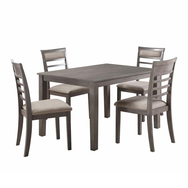 Owen 5 Piece Dining Set with Table and 4 Chairs, Brown Polyester, Gray Wood - Benzara