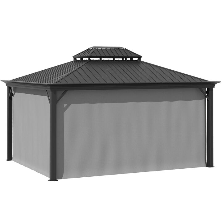 Outsunny 12' x 16' Hardtop Gazebo Canopy with Galvanized Steel Double Roof, Aluminum Frame, Permanent Pavilion Outdoor Gazebo with Netting and Curtains for Patio, Garden, Backyard, Deck, Lawn, Gray