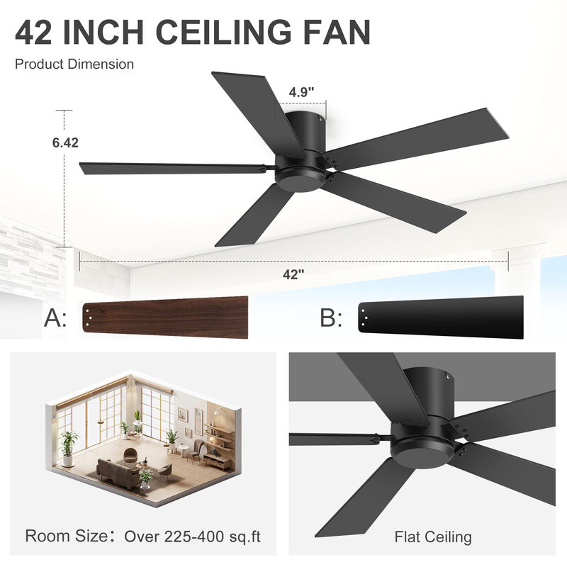 Breezary 2-Pack 42" Ceiling Fan No Light, 5 Blade, 6 Speed DC Motor, Reversible, Quiet Flush Mount, Remote Control image number 4