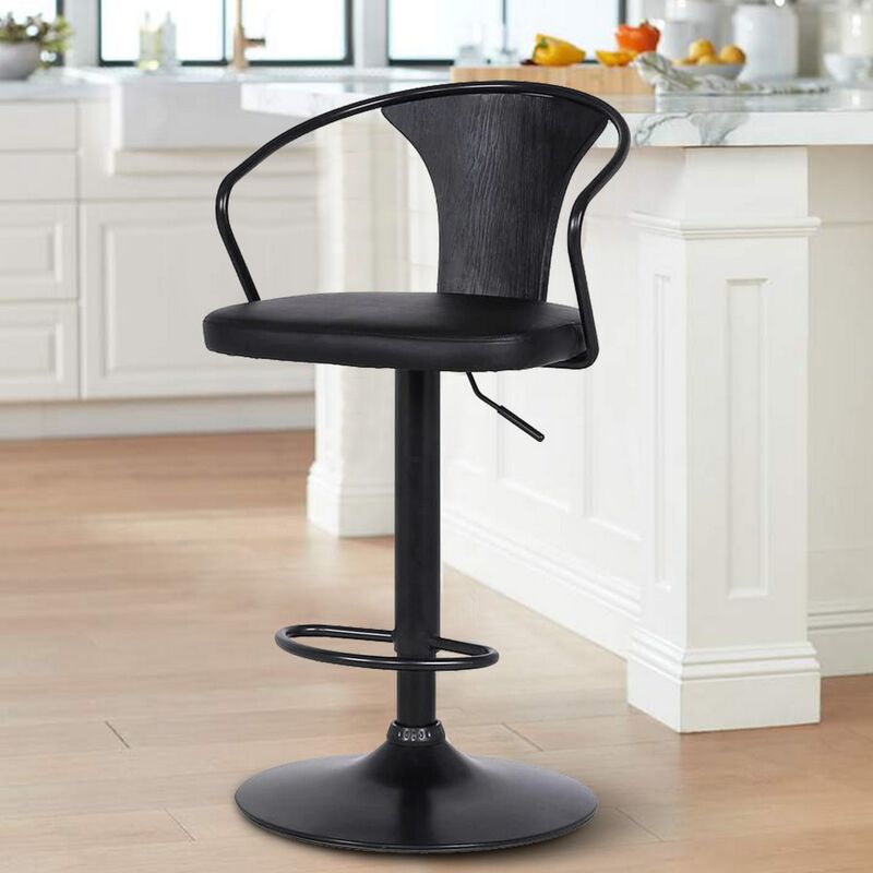Adjustable Leatherette Swivel Barstool with Curved Back, Black - Benzara