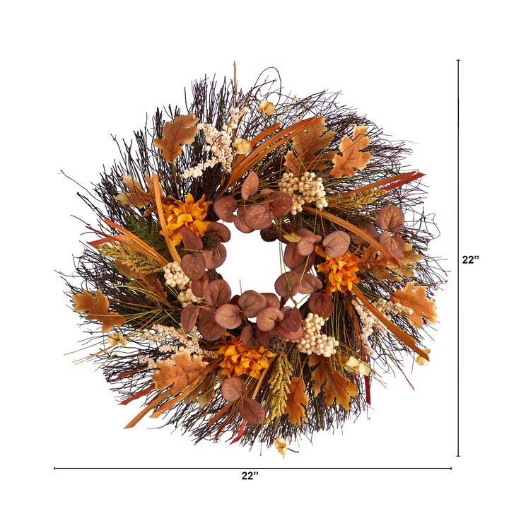 HomPlanti 22" Autumn Dahlia and Berries Artificial Fall Wreath
