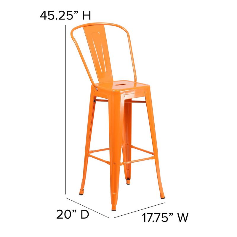 Flash Furniture Commercial Grade 30" High Orange Metal Indoor-Outdoor Barstool with Removable Back