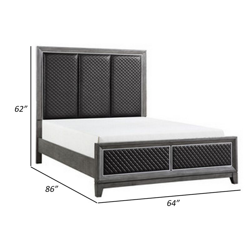 Stacy Queen Bed, Gray Faux Leather Upholstered Panels, Silver, Gray Wood