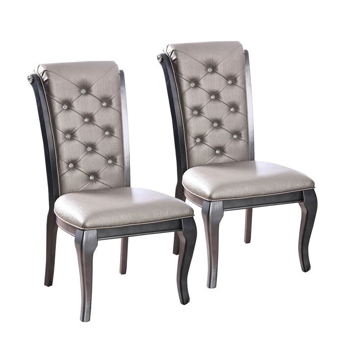 Button Tufted Leatherette Upholstered Wooden Side Chair with Scrolled Back, Pack of Two, Gray - Benzara