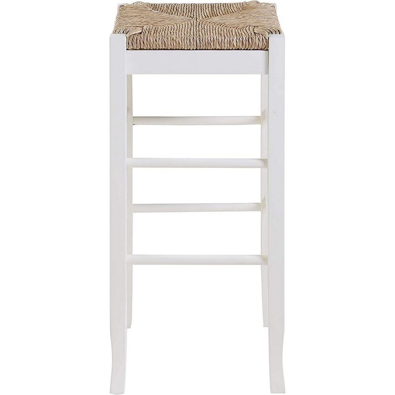 Square Wooden Frame Barstool with Hand Woven Rush, White and Brown
