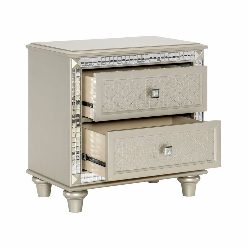 Juhi 29 Inch Nightstand, 2 Drawers, Acrylic Crystal Accents, Silver Trim-Benzara image number 3