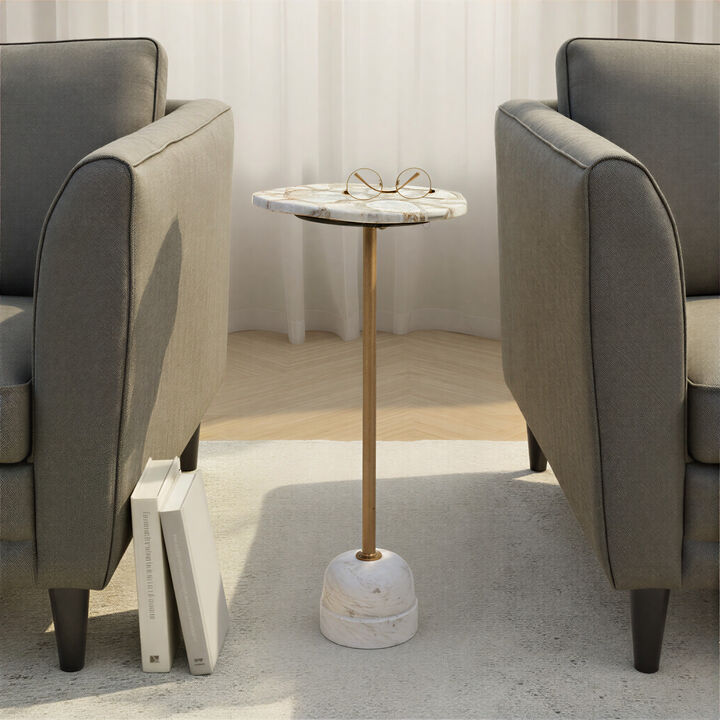 Natural Agate and White Marble Pedestal Drink Table with Gold Post