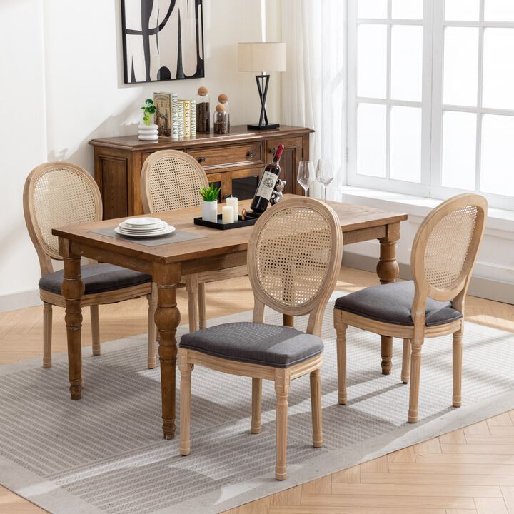 Whisen French Style Dining Chair, Solid Rubberwood Frame with Linen Upholstery and Rattan Back, Set of 2 for Living Room Kitchen