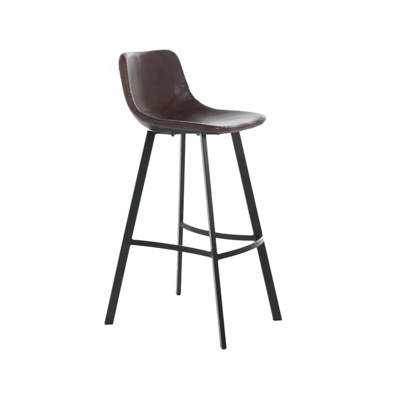 Barstool Chair Set of 2, Curved Seat, Black Steel, Brown Faux Leather - Benzara