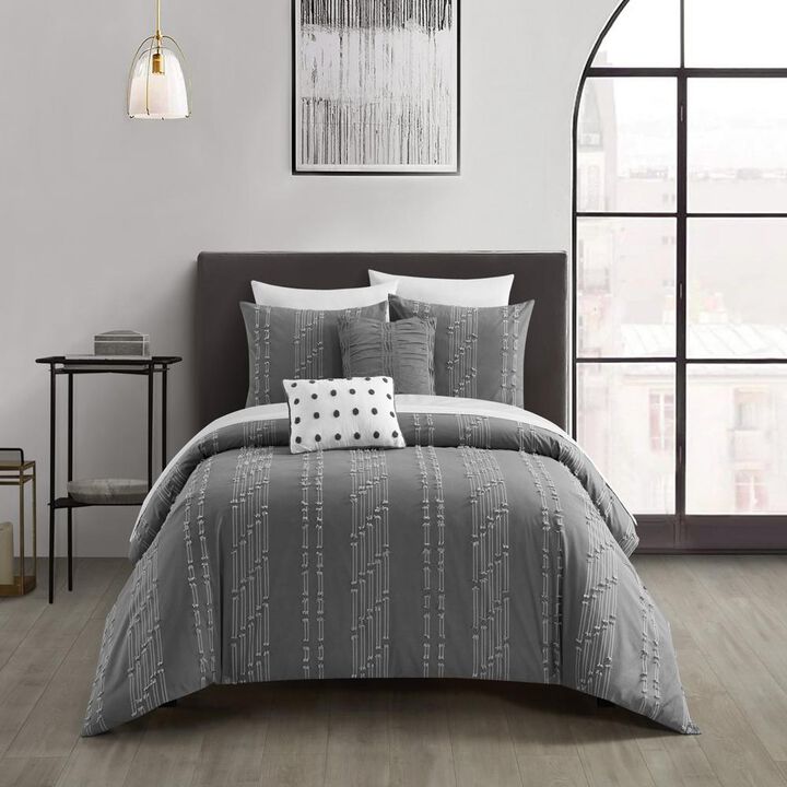 NY&C Home Desiree 9 Piece Cotton Comforter Set Contemporary Striped Clip Jacquard Bed In A Bag Bedding - Sheets Pillowcases Decorative Pillows Shams Included, King, Grey