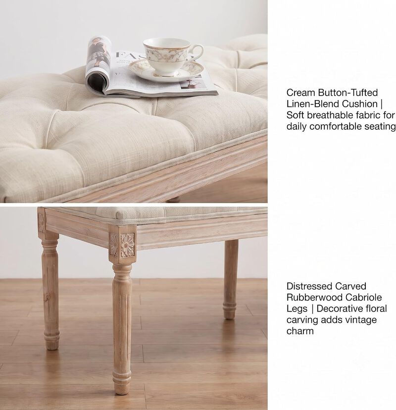 Envelor French Tufted Linen Entryway Bench with Wood Legs, 47.2 in. image number 3