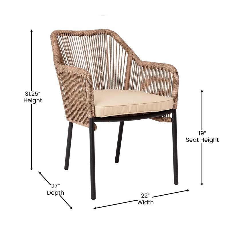 Flash Furniture Kallie Set of 2 Indoor/Outdoor Stacking Club Chairs with Arms - UV Resistant Woven Natural Seat - Ivory Zippered Cushions - Black Aluminum Frame