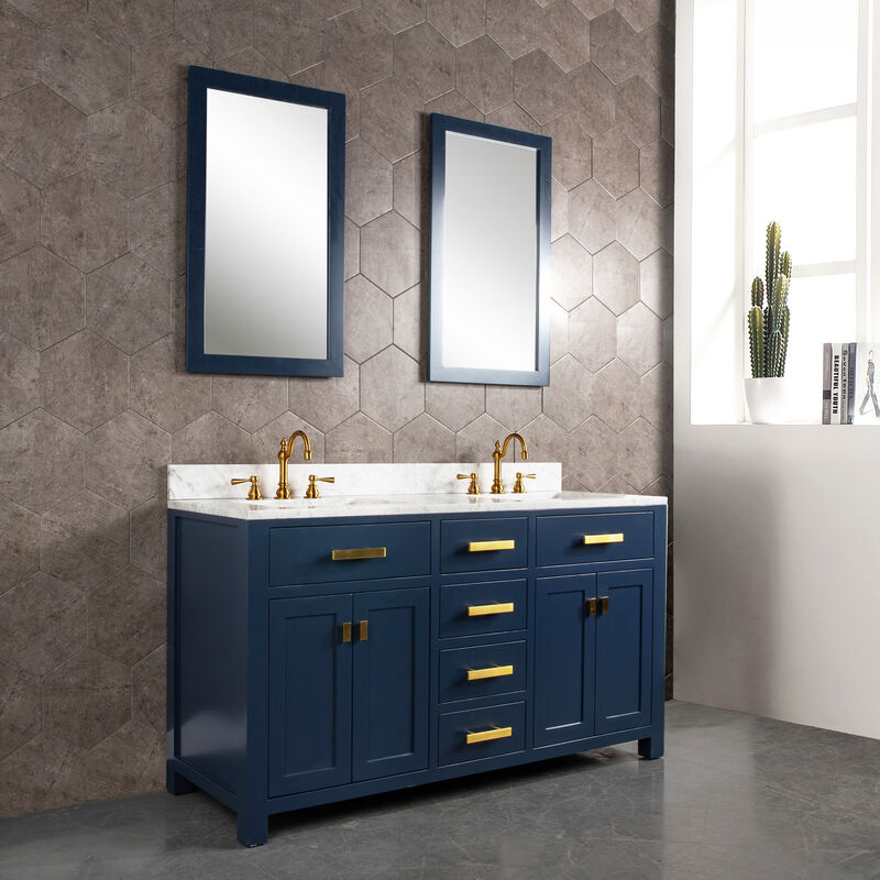 Madison 60 In. Double Sink Carrara White Marble Countertop Bath Vanity In Monarch Blue with Satin Gold Hardware