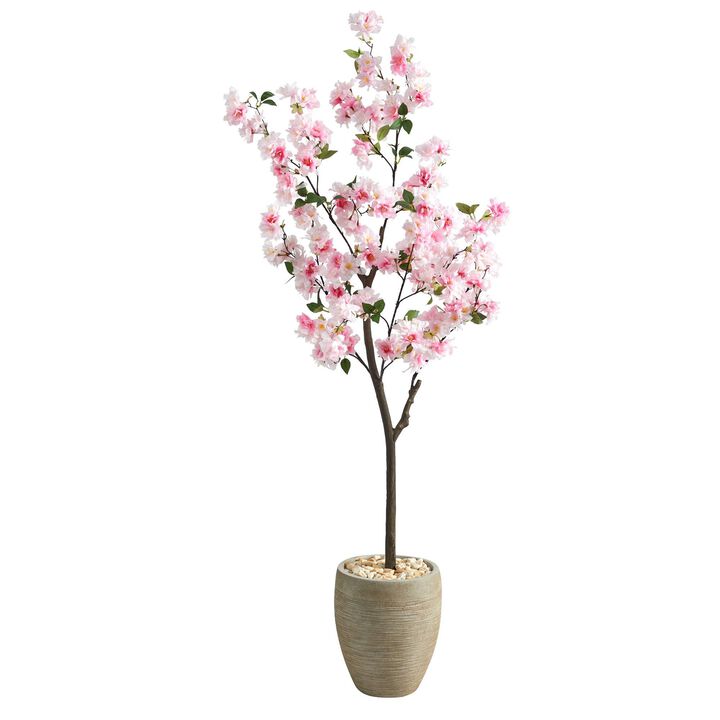 Nearly Natural 5.5-in Cherry Blossom Tree in Sand Colored Planter