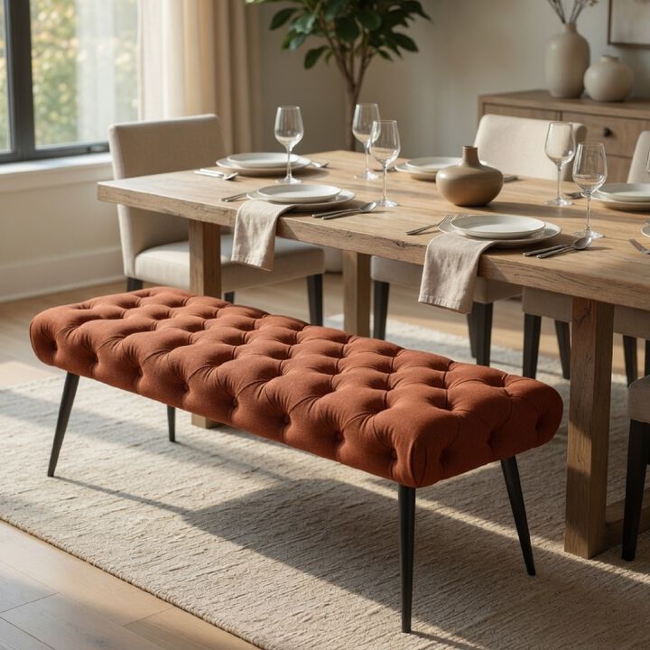 Lila Bench, Foam Seat, Button Tufted, Chrome Legs