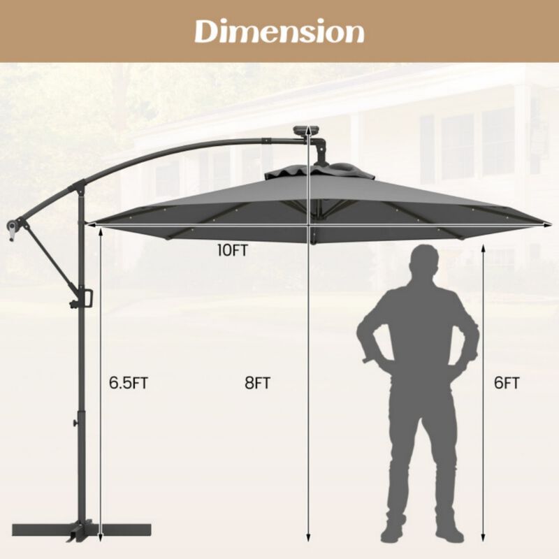 10 Feet 360&deg; Rotation Solar Powered LED Patio Offset Umbrella without Weight Base-Gray image number 3