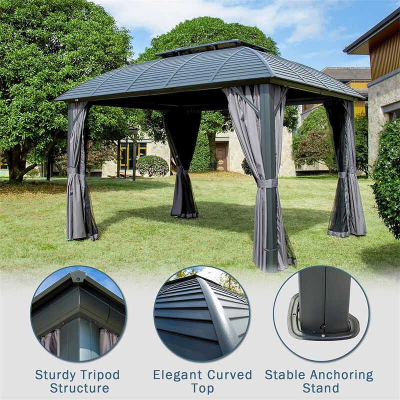 Streamdale 10'X12' Permanent Hardtop Gazebo with Curtains & Netting image number 6