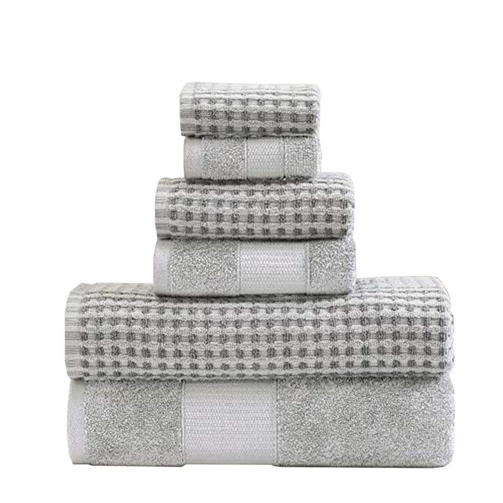 Porto 6 Piece Dual Tone Towel Set with Jacquard Pattern The Urban Port, Light Gray-Benzara