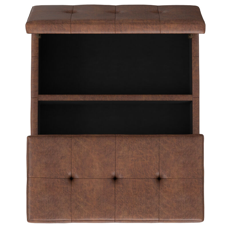 Dover 36 inch Wide Contemporary Square Lift Top Coffee Table Storage Ottoman in Distressed Saddle Brown  Vegan Faux Leather, Assembled