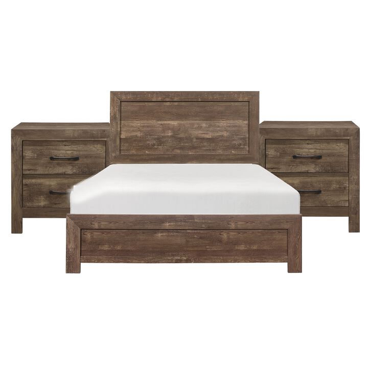 Queen Size Bedroom Set, Brown Finish, Panel Design, 3-Piece Set with Bed and Two Nightstands
