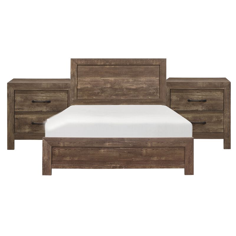 Queen Size Bedroom Set, Brown Finish, Panel Design, 3-Piece Set with Bed and Two Nightstands image number 0