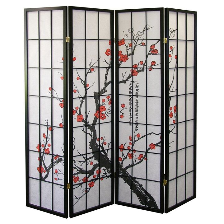 Streamdale Black Japanese 4-Panel Screen Room Divider, Plum Blossom