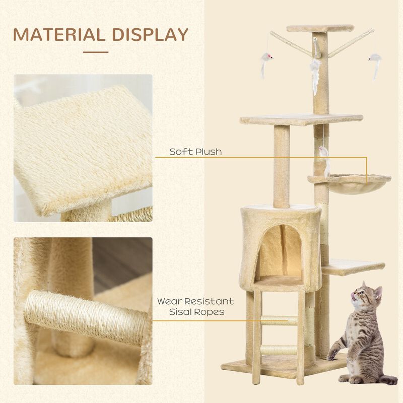 Moderm Cat Tree 52" Plush Sturdy Interactive Cat Condo Tower Scratching Post Activity Tree House Beige