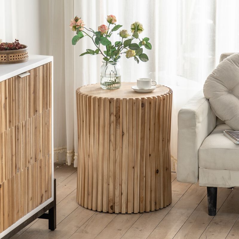 Retro Fashion Style Cylindrical Coffee Table with Vertical Texture Relief Design Perfect for Living Room