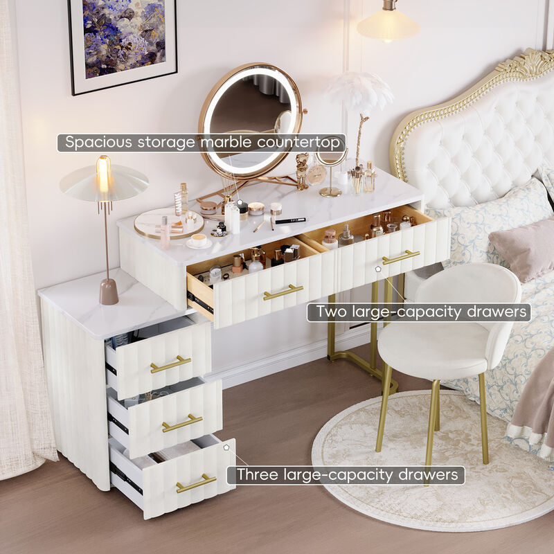 Merax Velvet Upholstered Vanity Set with Chair - Makeup Table with 5 Drawers & Marble-Top, Adjustable Left/Right Storage for Bedroom
