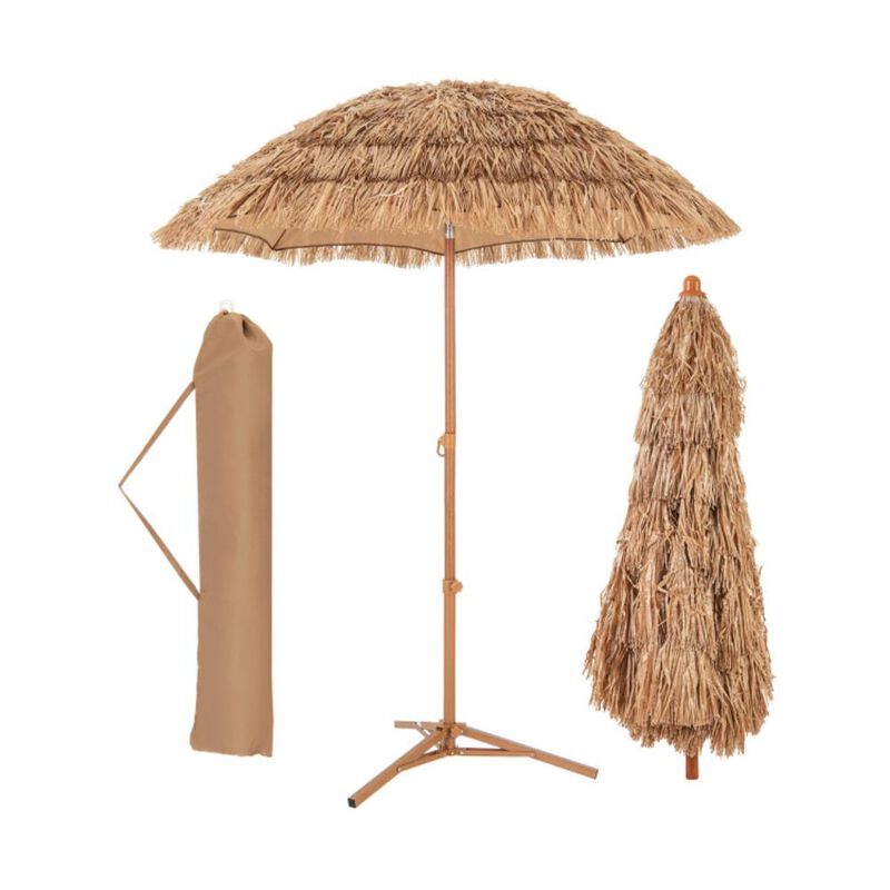 Hivvago 6.5 Feet Thatched Tiki Umbrella with Foldable Stand Push Button Tilt
