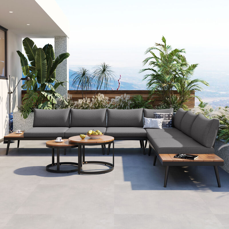 Clihome 6-Piece Outdoor Sectional Sofa Set with Round Nesting Coffee Tables and Seating Sofa with Cushions for Patio image number 3