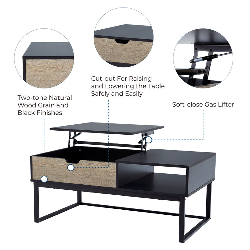 Bryson Two-Tone Lift Top Coffee Table Desk with Storage, Black image number 2