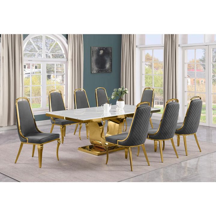 9pc Large(78") marble top dining set with gold base and 8 Dark grey side chairs