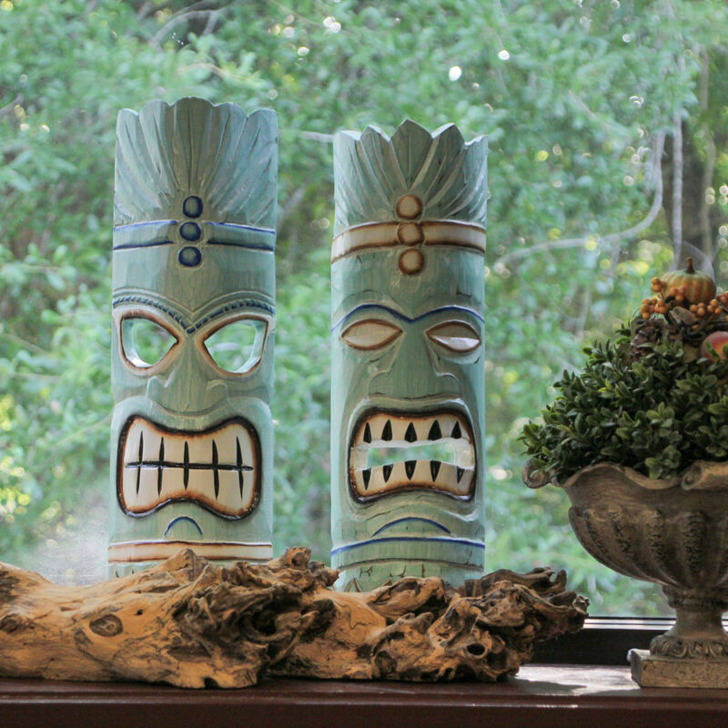 Set of 2 Polynesian Tiki Mask Wall Hangings - 20" - Aqua Blue image number 7