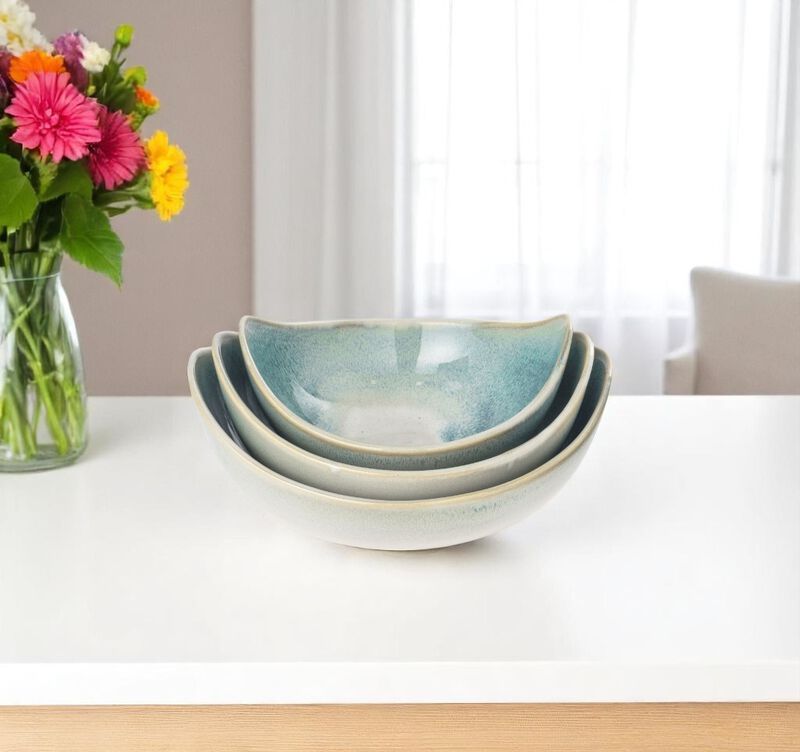 HomeRoots Set of Three Blue And White Ceramic Decorative Bowl image number 1