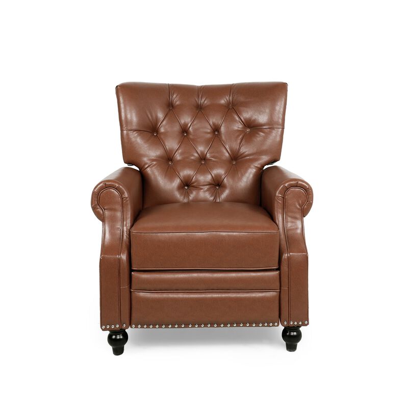 Recliner Chair, Turned Legs, Light Brown Button Tufted Faux Leather - Benzara