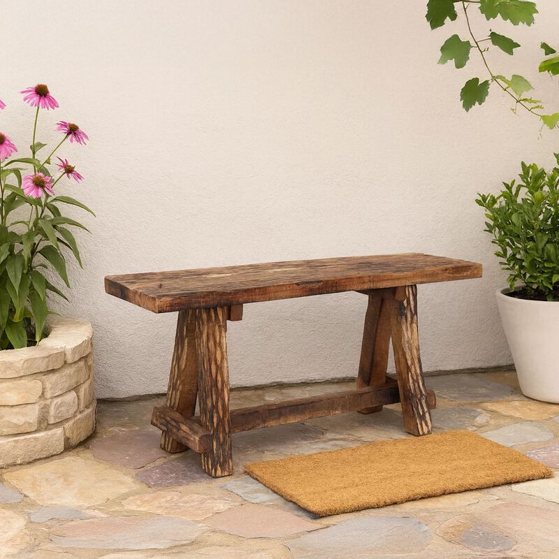Wooden Garden Patio Bench With Retro Etching, Cappuccino Brown