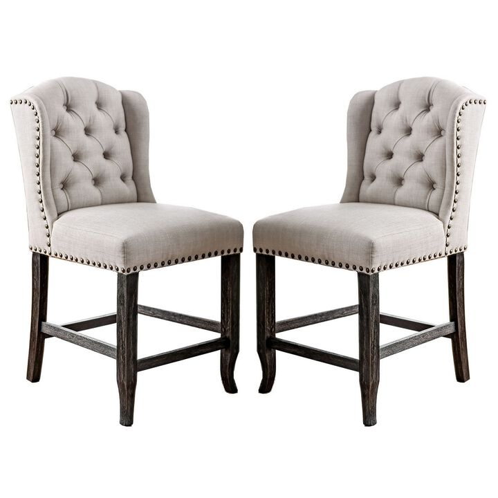 Wooden Counter Height Wingback Chair, Ivory and Black - Set of 2-Benzara