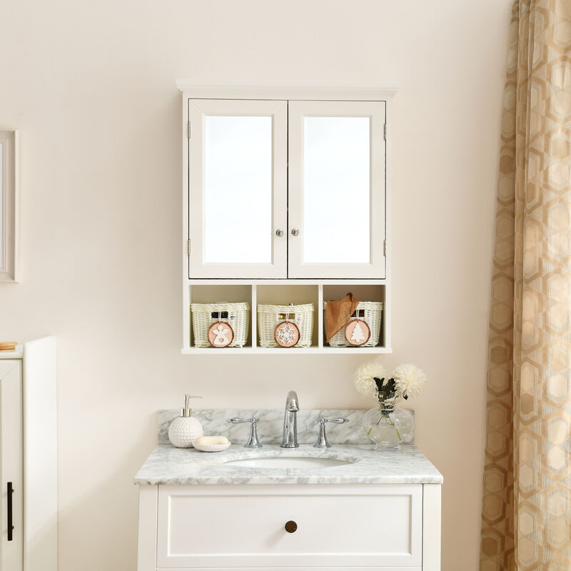 Streamdale White Wood Wall Cabinet with Mirrored Doors & Storage Baskets image number 1