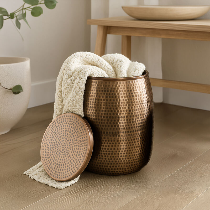 Merida Modern Rustic Hammered Metal Drum Storage Side Table with Lid