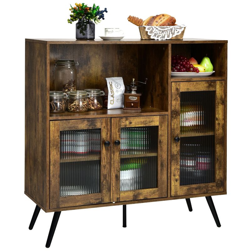Buffet Kitchen Storage Cupboard with Glass Door and Adjustable Shelves-Rustic Brown