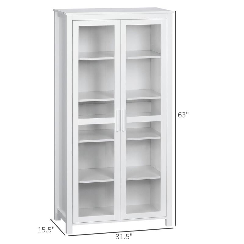 Freestanding Kitchen Pantry, 5-tier Storage Display Cabinet, Curio Cabinet with Adjustable Shelves and 2 Glass Doors for Living Room, Dining Room, White