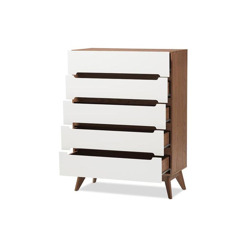 Baxton Studio Calypso Mid-Century Modern White and Walnut Wood 5-Drawer Storage Chest