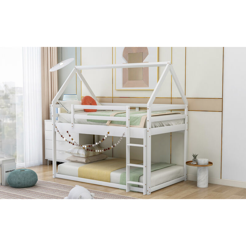Twin over Twin Low Bunk Bed, House Bed with Ladder, Gray