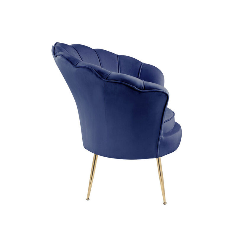 Velvet Scalloped Back Barrel Accent Chair with Metal Legs in Blue
