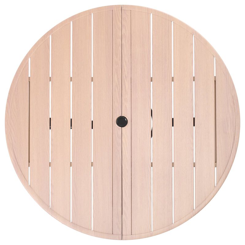 Outdoor Round Bistro Table, Wood-Look Steel Slat Patio Dining Table with Umbrella Hole image number 9