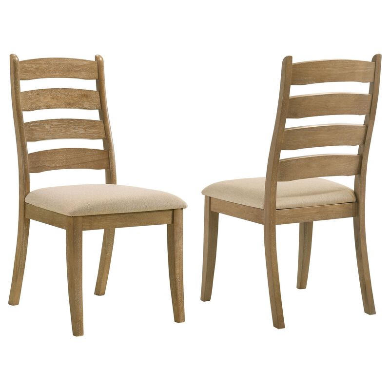 Danie Dining Side Chair Set of 2, Ladderback, Brown Wood, Beige Fabric - Benzara