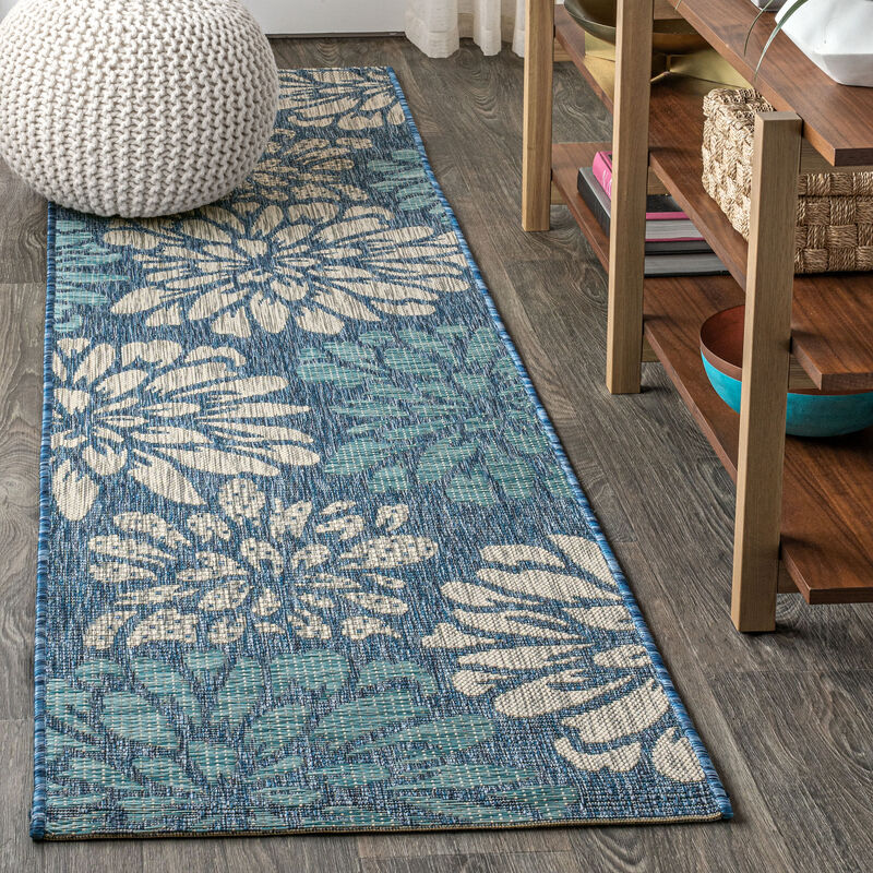 Zinnia Modern Floral Textured Weave Navy/Aqua. Indoor/Outdoor Runner Rug