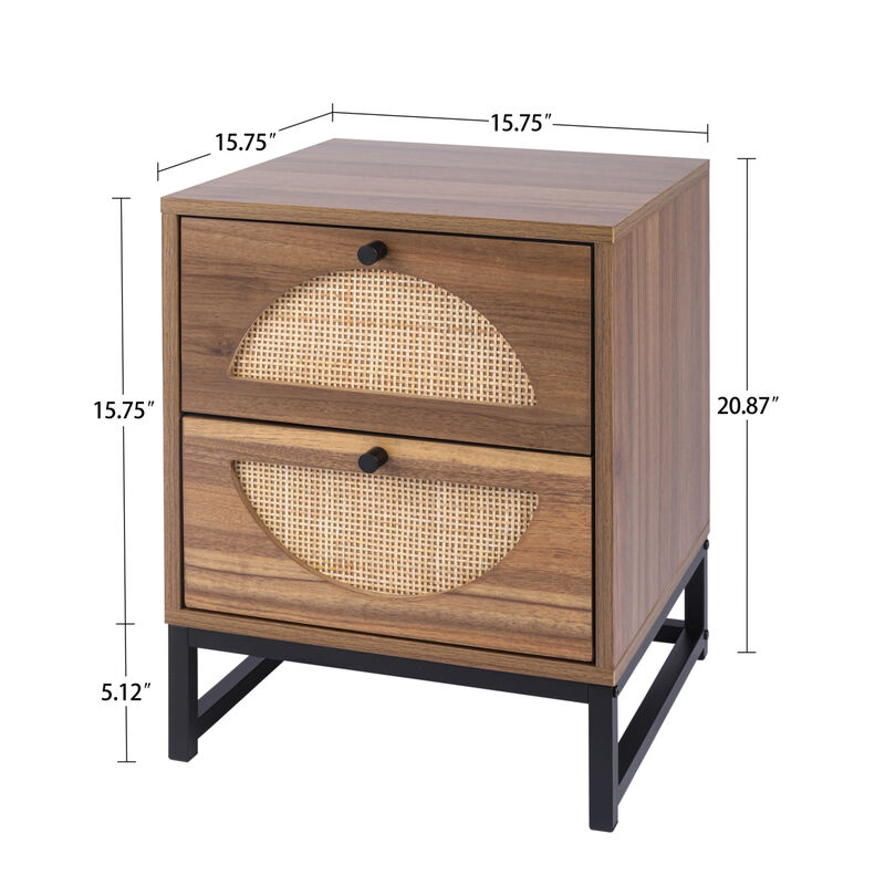 Natural rattan, 2 Drawer side table, Display Rack for Bedroom and Living Room, Nightstand Side Table Bedroom Storage Drawer Bedside End Table