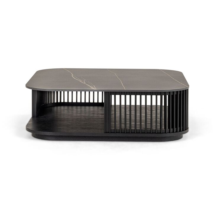 Cid Cia Coffee Table, 39 Inch Black Ceramic, Solid Wood Frame - Benzara